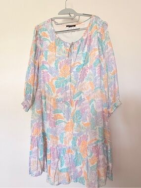 Robert Louis Pastel Multi Leaf-Print Long Sleeve Tunic Dress